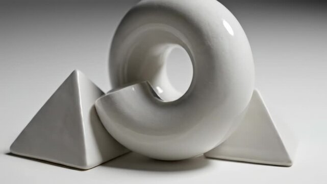 Abstract smooth white ceramic sculptures, a twisted torus shape and triangular prisms, arranged on a plain light grey surface, minimalist composition