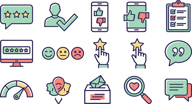 Customer feedback and product review vector icon set featuring star ratings satisfaction survey smileys and testimonial symbols.
