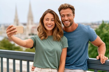 Naklejka premium Smiling young couple takes a selfie together outdoors on a sunny city overlook
