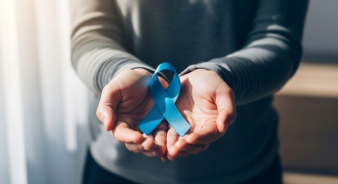Person holding blue awareness ribbon in hands, symbolizing support and hope