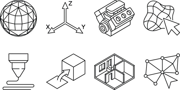 Isometric 3D modeling and engineering vector icon set featuring engine design printing architecture floor plan axis coordinates mesh
