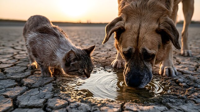 Hund und Katze teilen letzte Wasserstelle w&auml;hrend extremer Sommerd&uuml;rre
