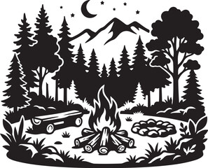 Fototapeta premium Camping, outdoor adventure, wilderness, vector illustration, black silhouette, mountains, forest, campfire