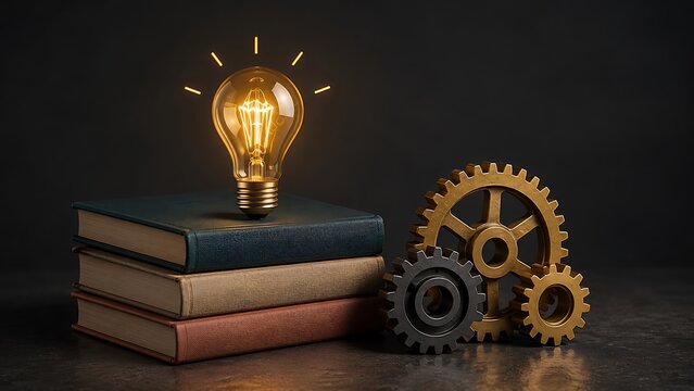 Vintage glowing lightbulb resting on a stack of old books beside metallic gears representing the history of engineering and industrial knowledge