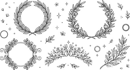 Laurel wreath floral frame branch leaf border olive crown tiara celestial magic botanical hand drawn line vector icons © MD