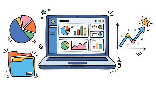 Cartoon doodle laptop computer displaying business data analytics dashboard with financial growth charts and document folders