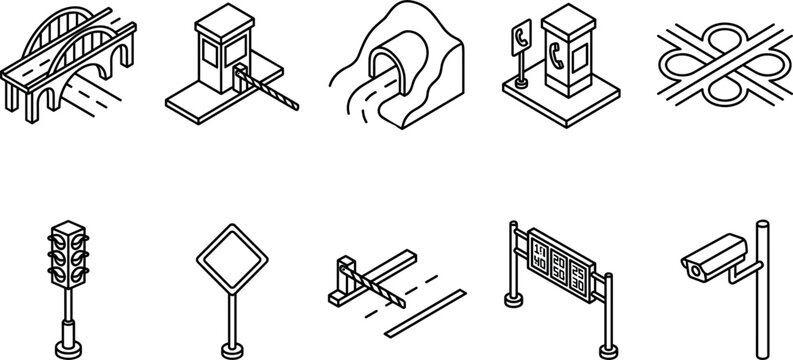 Vector isometric road infrastructure and highway traffic line icon set featuring bridge tunnel toll booth gate surveillance camera and crossroads elements
