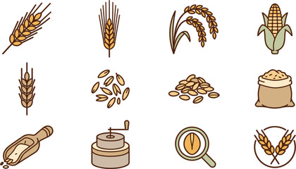 Agriculture cereal grain vector icon set featuring wheat stalks barley ears rice corn kernels sack and milling tool elements. © Dulal creation 