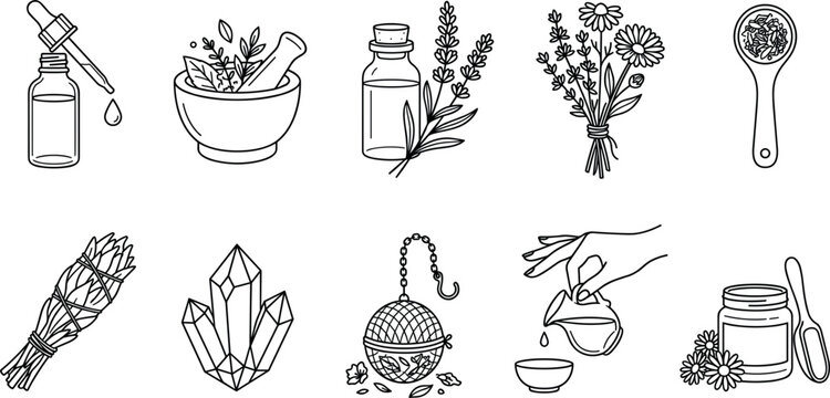 Vector linear herbal medicine and holistic wellness line icon set featuring essential oil mortar pestle sage crystal tea strainer and chamomile elements