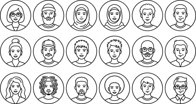 Vector linear multicultural people avatar and diverse character face line icon set featuring men and women user profile and round headshot elements