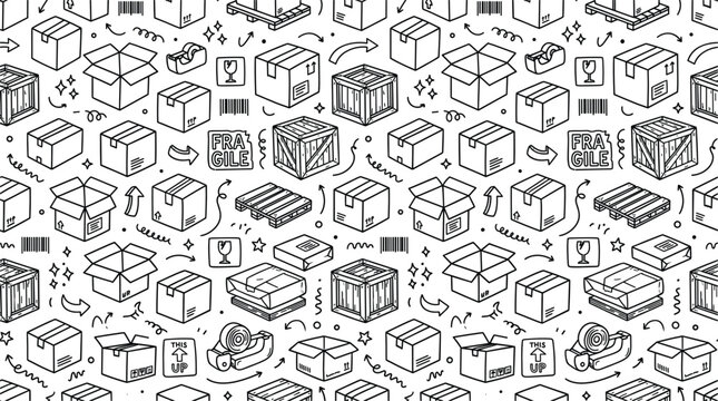 Logistics delivery seamless pattern background vector featuring cardboard boxes wooden crates pallets barcode sticker and packaging tape icons