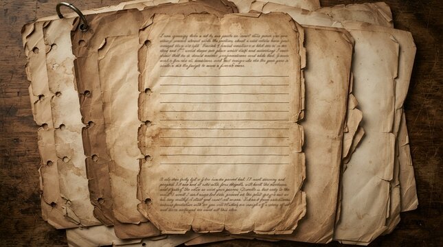Stack of old, yellowed, vintage parchment paper sheets with handwritten cursive text, bound by a metal ring on a dark wooden surface