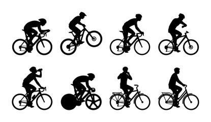 Obraz premium Diverse Cyclist Silhouettes Collection: Road, Mountain, and Track Biking Poses, 8 Vector Icons for Sports and Fitness Graphics