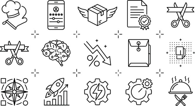 Vector linear business services and digital commerce line icon set featuring rocket startup compass artificial intelligence courier delivery and food catering elements