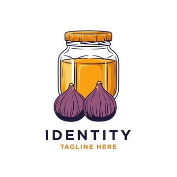 Hand drawn honey jar and fresh figs illustration logo.