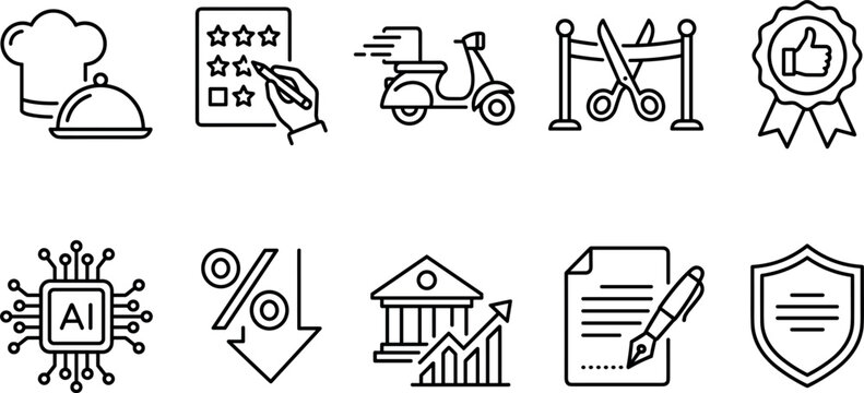 Vector linear business service and commercial enterprise line icon set featuring chef hat delivery scooter artificial intelligence discount and premium quality elements