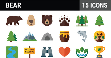 Fototapeta premium Collection of bear icons and nature symbols in colorful illustration