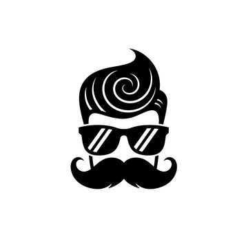 Hipster man head icon with pompadour hairstyle and mustache.