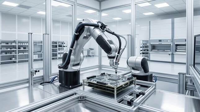 Automated robotic arm assembling electronic circuit board in a modern clean room facility