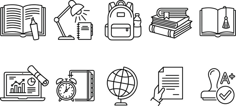 Vector linear school education and college study line icon set featuring backpack open books lamp laptop globe alarm clock and grade stamp elements