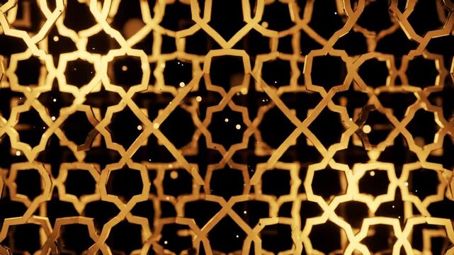 Golden intricate geometric pattern, islamic arabesque design, ornate lattice texture with subtle light flares and dust particles, elegant background for luxury themes
