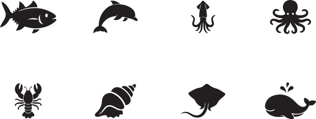 Fish marine animals icon set, editable solid vector EPS collection for ocean, sea life and seafood. © MdJoynal
