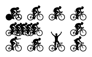 Obraz premium Cycling Silhouette Collection: Diverse Cyclist Poses, Team Peloton, Individual Riders, Victory Celebration, Sport Vector Graphics for Active Lifestyle and Competition Themes