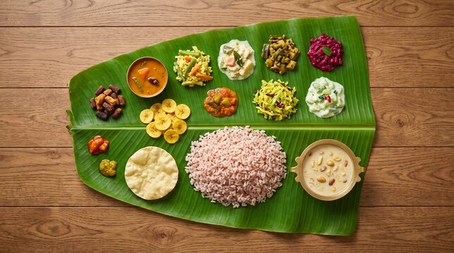Kerala Onam sadya with rice curries and side dishes on banana leaf