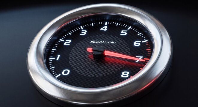 Close up of a illuminated round circular car tachometer gauge with a metallic silver bezel and a black carbon fiber texture background showing high engine speed