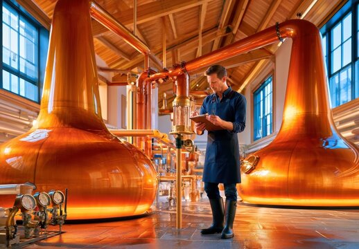 Master distiller inspecting copper stills inside traditional Scottish malt whisky distillery production room