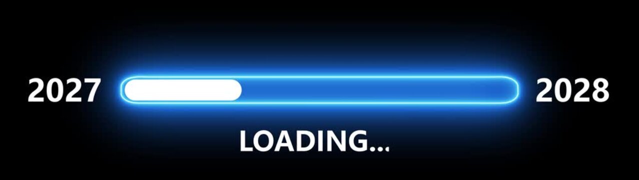 Glowing Blue Neon Loading Bar Animation from 2027 to 2028 Isolated on Black Background New Year Countdown Motion Graphic Overlay