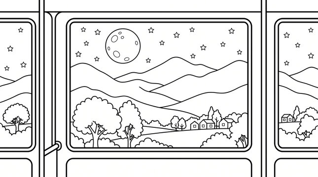 Bus Window Night Countryside Coloring Page, Moon Village View