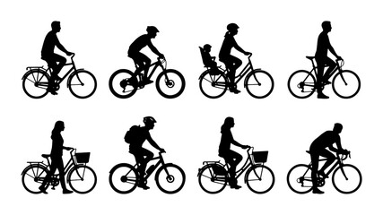 Obraz premium Diverse Bicycle Silhouettes Collection: Cyclists in Action, City Commuting, Family Rides, Sport Cycling, 8 Vector Icons for Active Lifestyle and Transport Graphics