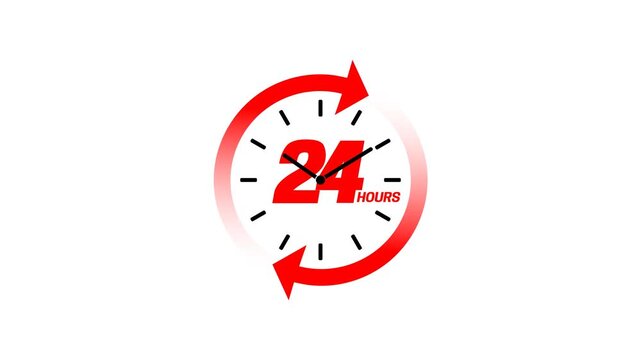 24 Hours icon animation. Minimalist flat design of a red arrow circle with a 24 hours text and rotating clock in a transparent background. Symbolizes around the clock service, delivery, availability