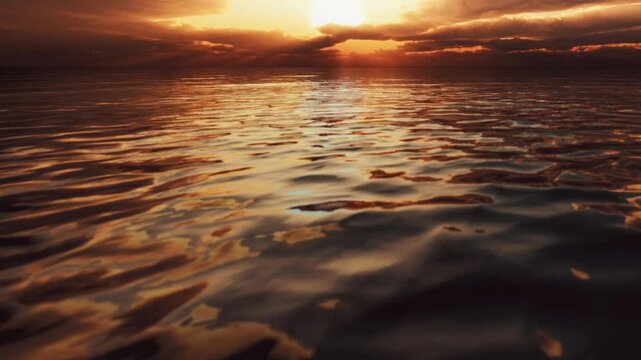 The sun sets over water creating an orange and golden glow. Clouds float above the horizon casting shadows on the surface. The waves gently ripple reflecting the light.