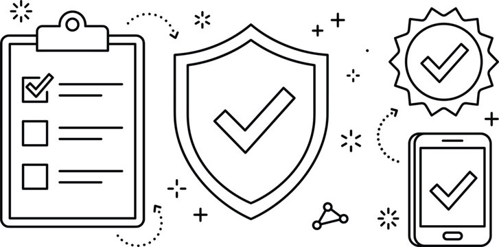 Quality assurance and security line icon set featuring clipboard checklist protective shield certified guarantee stamp and verified smartphone
