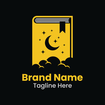 Magical yellow book logo with moon and night clouds.