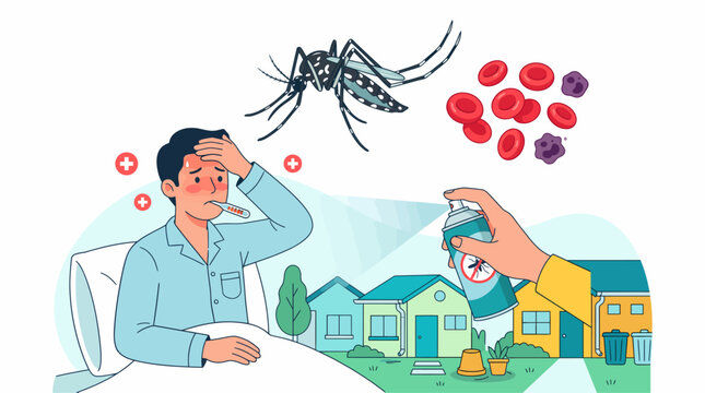 Illustration showing a man suffering from a mosquito-borne illness, with a mosquito and blood cells, and a hand spraying insecticide over houses for prevention.