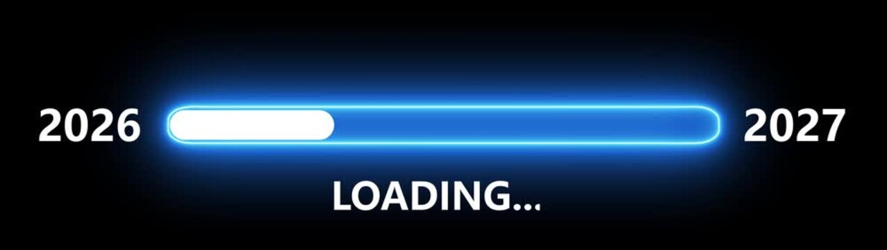 Glowing Blue Neon Loading Bar Animation from 2026 to 2027 Isolated on Black Background New Year Countdown Motion Graphic Overlay