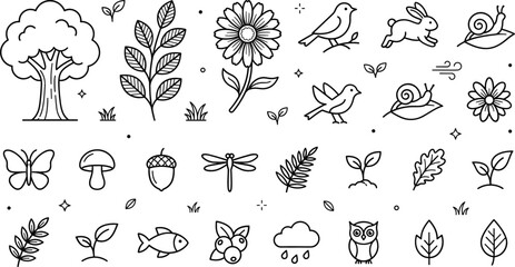 Nature and wildlife line art vector icons bundle featuring trees flowers leaves birds rabbit snails butterfly mushroom and owl © Mstshneha