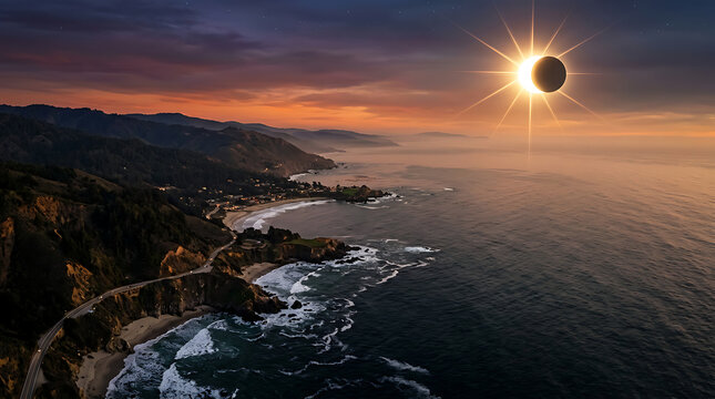 Aerial coastline at dusk during a partial solar eclipse