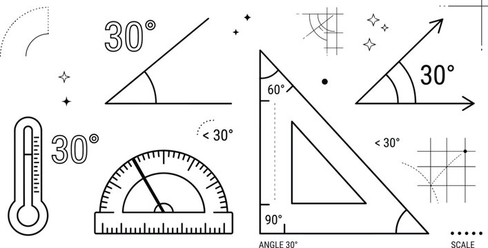 Geometry Trigonometry Angle Measurement Protractor Triangular Ruler and Engineering Mathematical Vector Icon Set