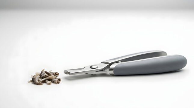 Grey pet nail clippers with clipped animal claws on a clean white table