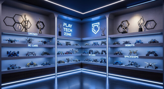 Futuristic Electronic Robotics And Drones Display In Modern Tech Zone