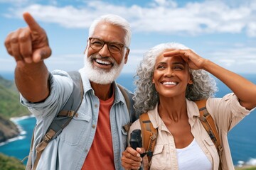 Naklejka premium Smiling senior couple hiking a coastal trail and enjoying an ocean view outdoor adventure together