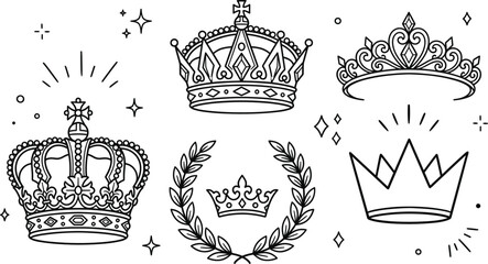 Royal crowns and tiaras vector icon set featuring king queen princess authority symbols laurel wreath line art design © MD