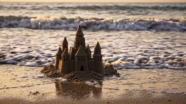 Detailed sandcastle on sunset beach with ocean waves