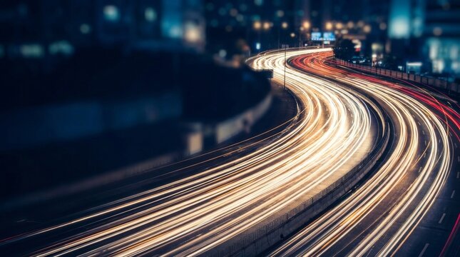 Vibrant light trails of fast-moving vehicles on a curved urban highway at night, showcasing city infrastructure and transportation flow with a tilt-shift effect.