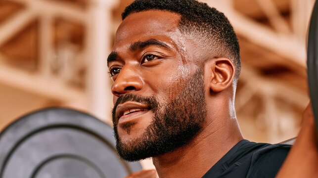 Focused young man lifting weights in gym close-up portrait showing determination and strength