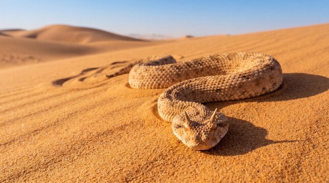 Sidewinding motion capturing the prominent supraocular horns and keeled scales of a rare horned viper cerastes cerastes